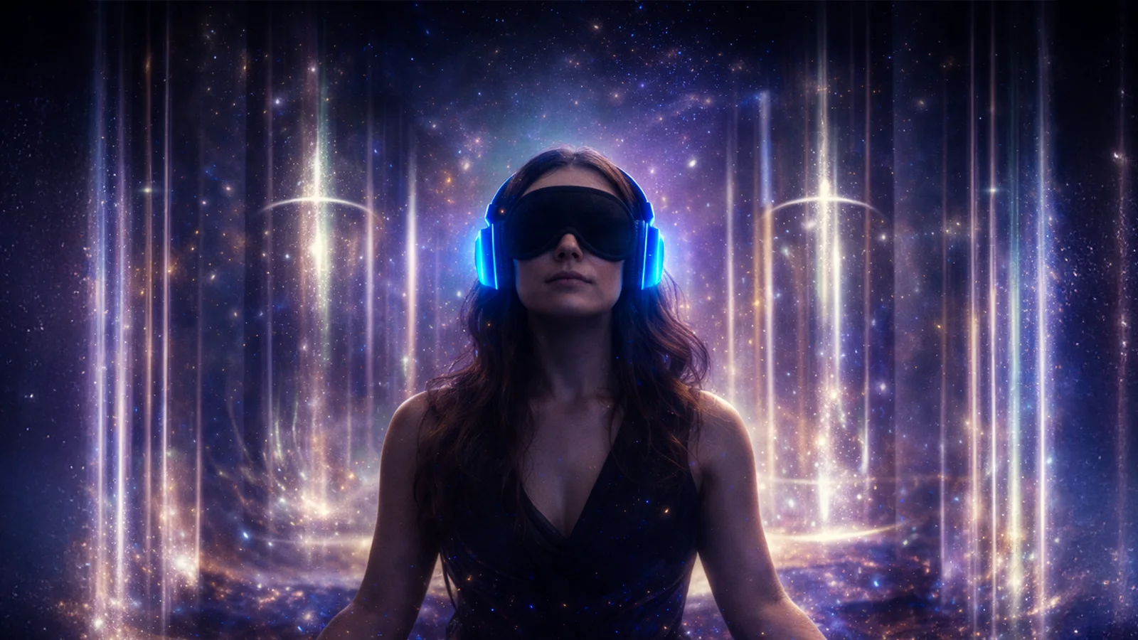 Persona con antifaz y auriculares, meditando entre columnas de luz