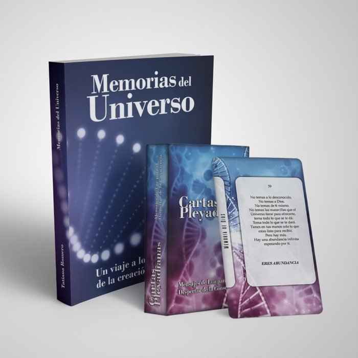 Portada del libro Memorias del Universo junto al mazo de Cartas Pleyadianas