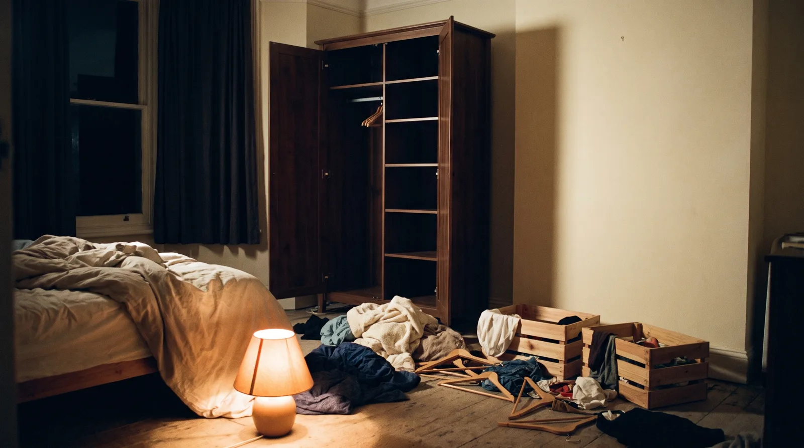 Un armario abierto y casi vacío de madrugada, con la ropa por el piso y una lámpara encendida