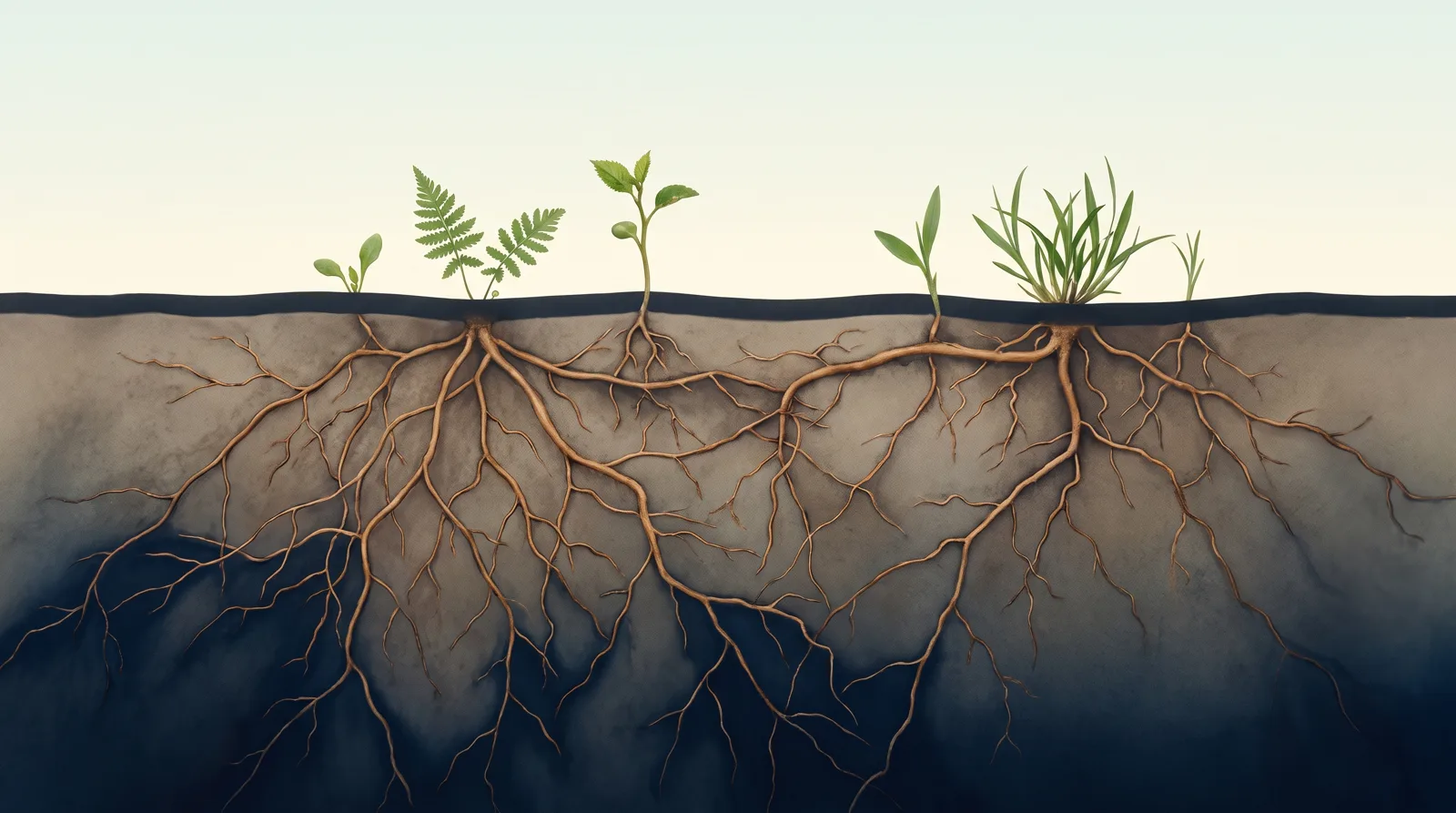 Varias plantas distintas creciendo por arriba, todas conectadas por debajo a una sola red de raíces